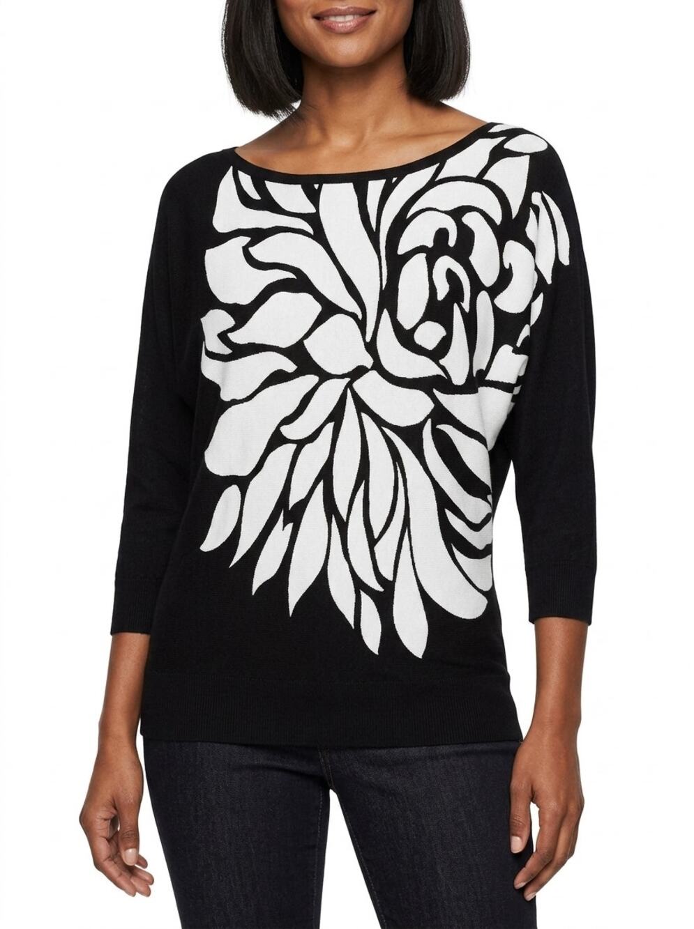 White House Black Market Black Floral Knit Dolman Sleeve Top Women Size S